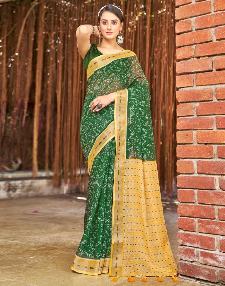 Green Linen Printed  Saree