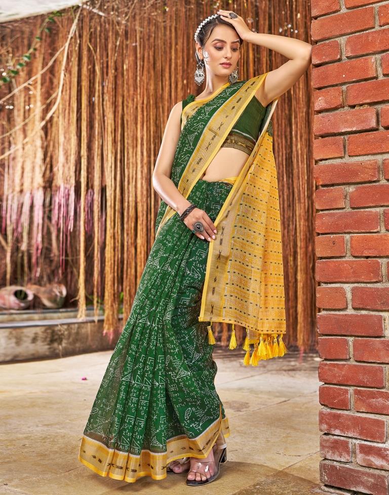 Green Linen Printed  Saree