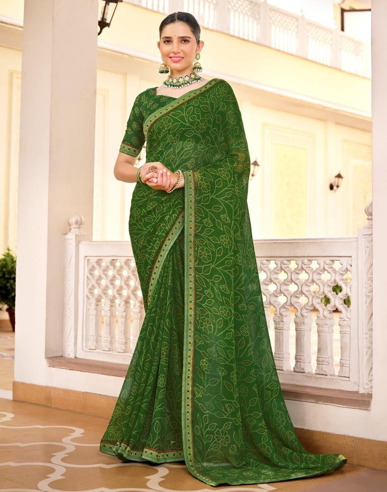 Olive Green Chiffon Bandhani Saree