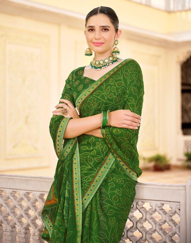 Olive Green Chiffon Bandhani Saree