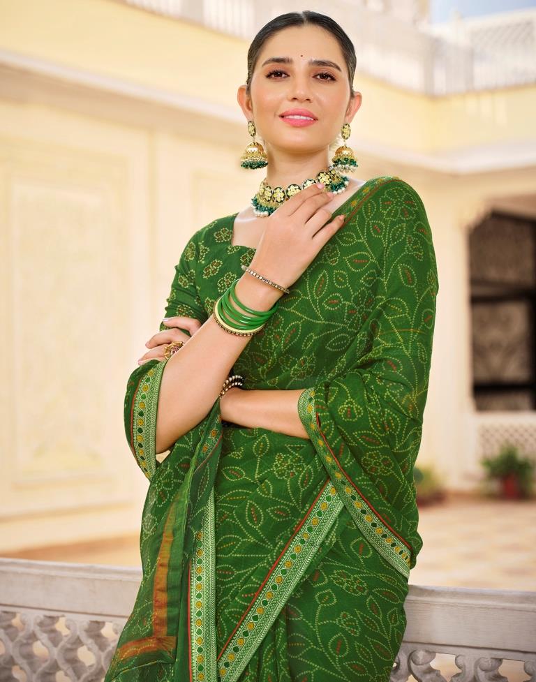 Olive Green Chiffon Bandhani Saree