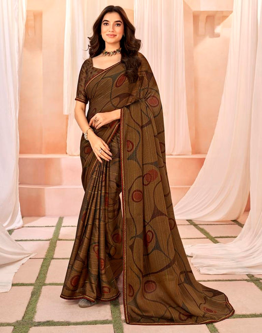 Olive Green Chiffon Printed Saree