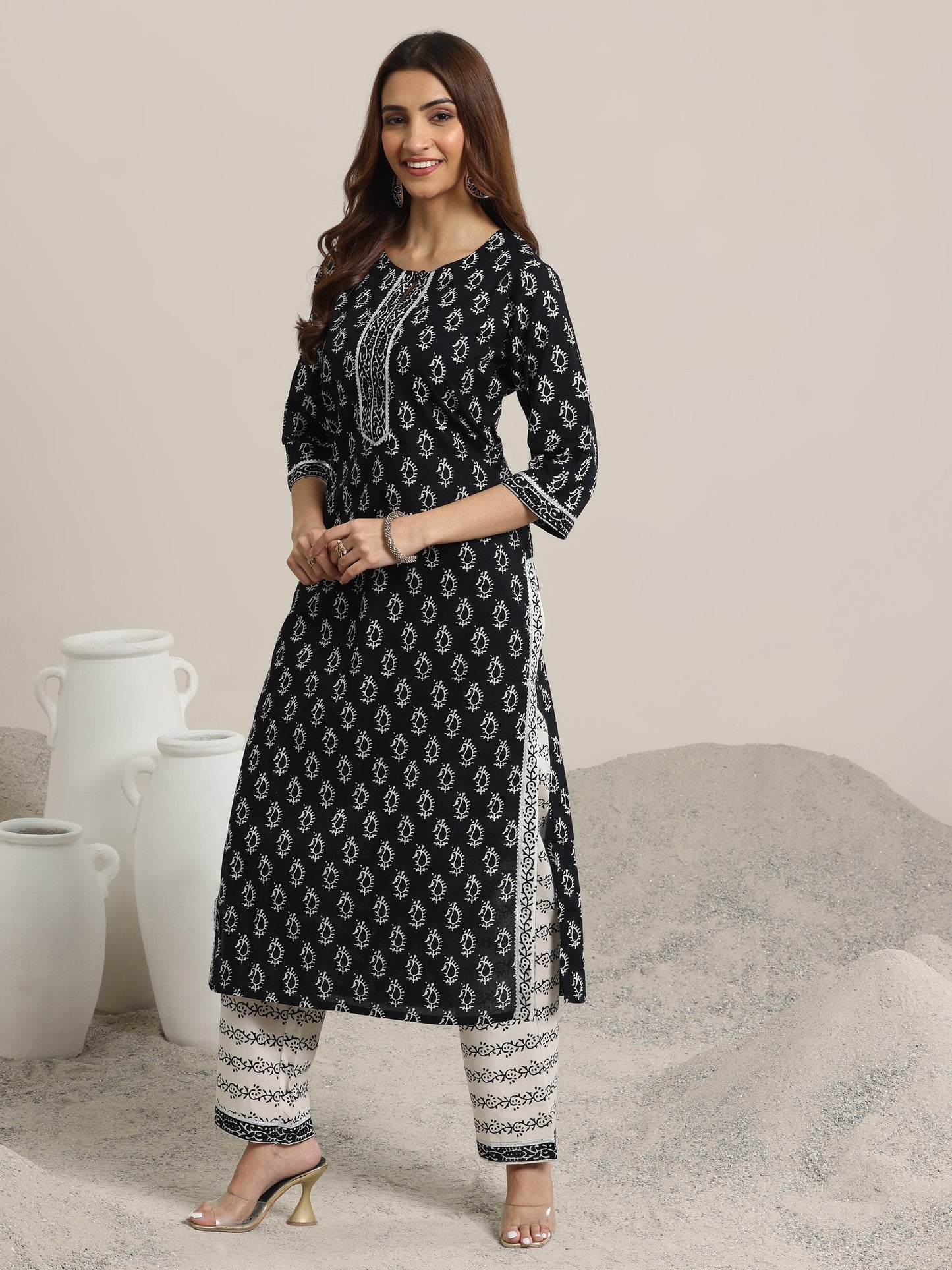 Black Printed Cotton Straight Suit With Dupatta