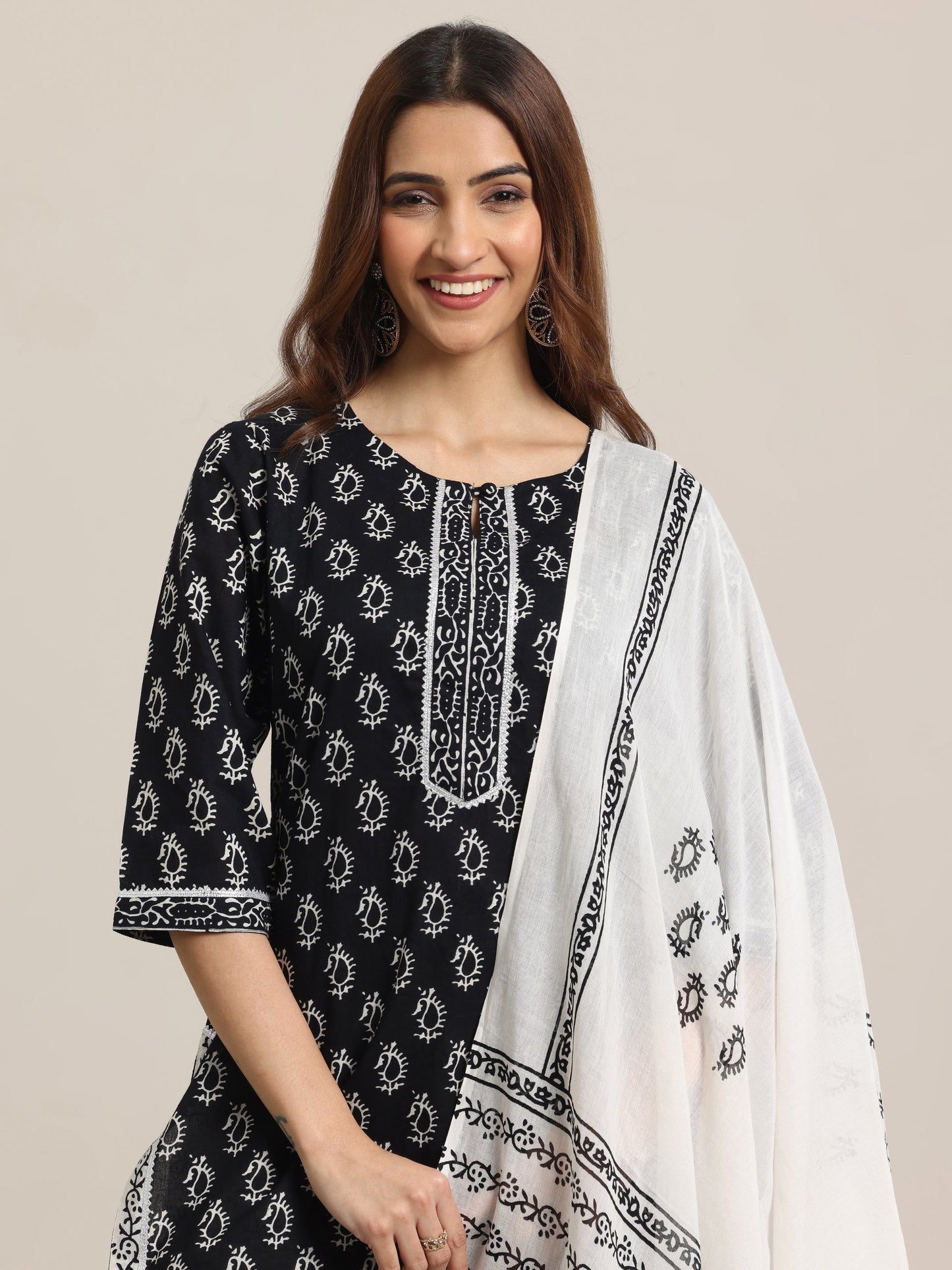 Black Printed Cotton Straight Suit With Dupatta