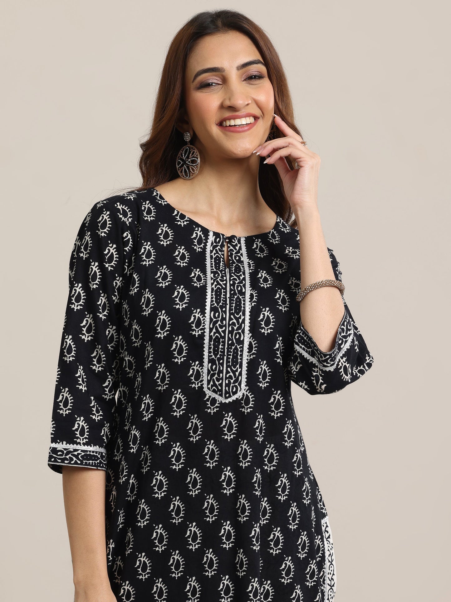 Black Printed Cotton Straight Suit With Dupatta