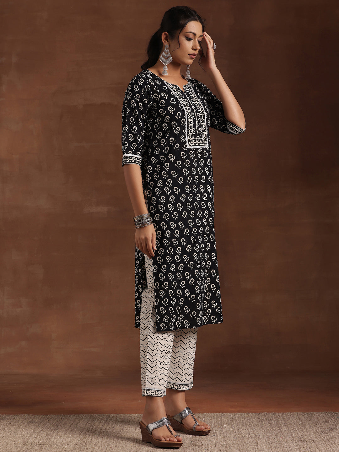 Black Printed Cotton Straight Suit With Dupatta