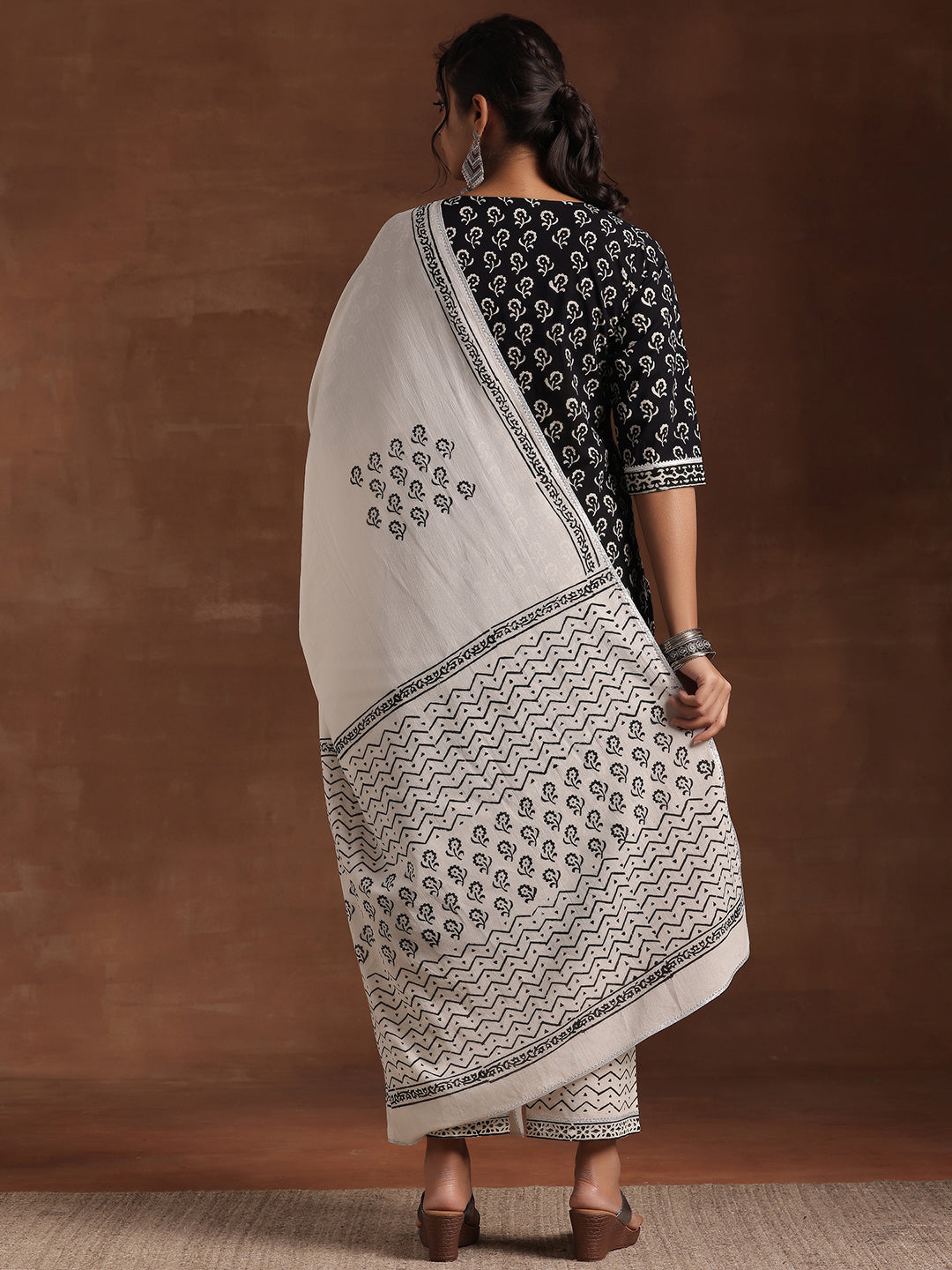 Black Printed Cotton Straight Suit With Dupatta