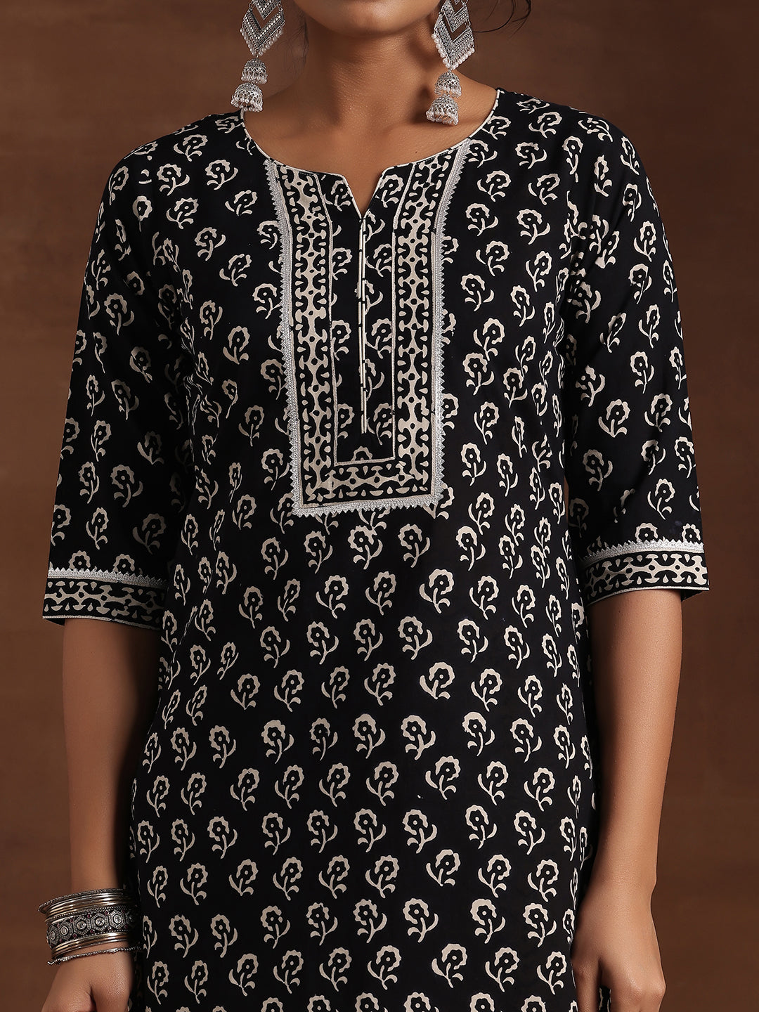 Black Printed Cotton Straight Suit With Dupatta