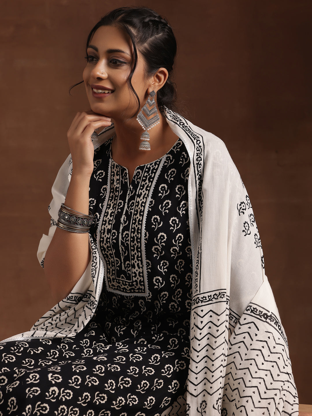 Black Printed Cotton Straight Suit With Dupatta