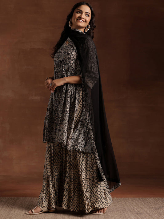 Black Printed Cotton A-Line Kurta With Sharara & Dupatta