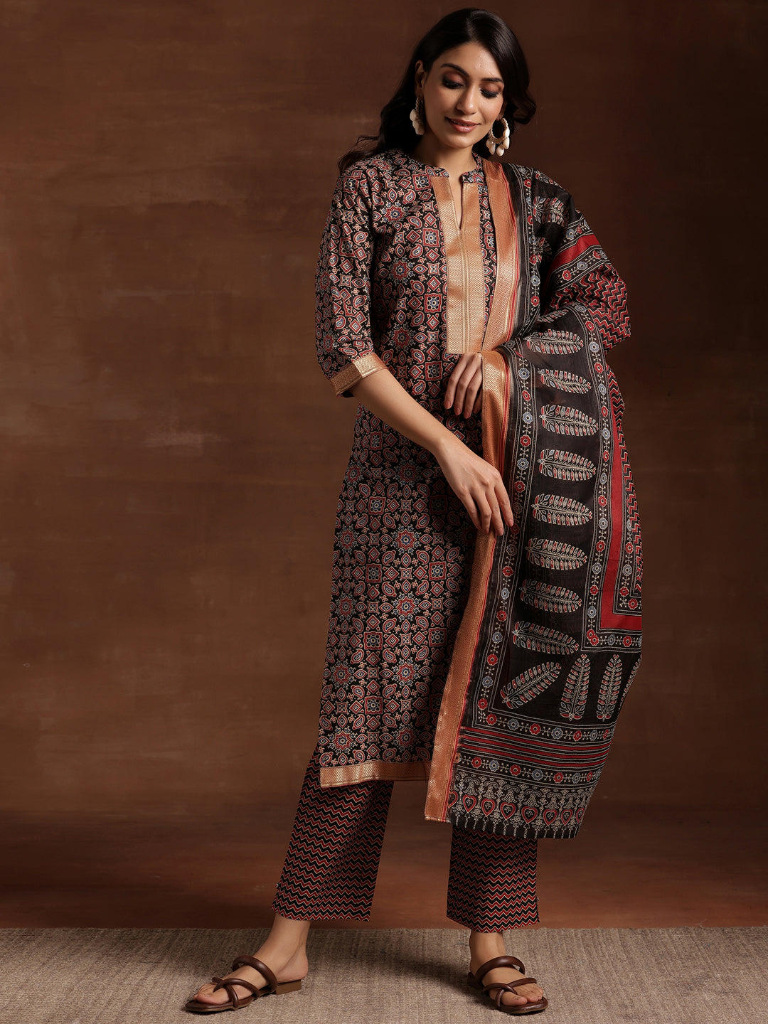 Black Printed Cotton Straight Suit With Dupatta