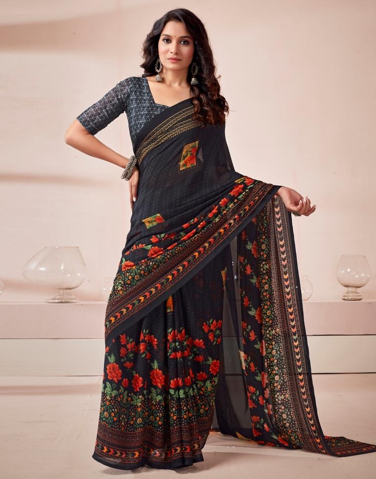 Black Georgette Printed Saree