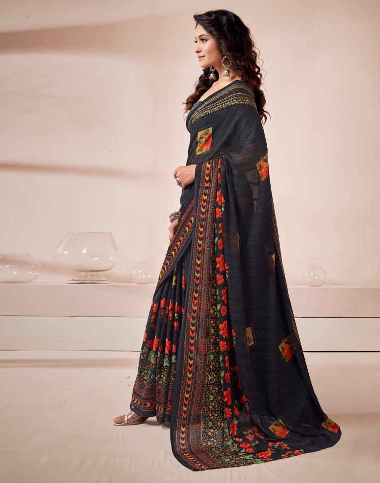 Black Georgette Printed Saree