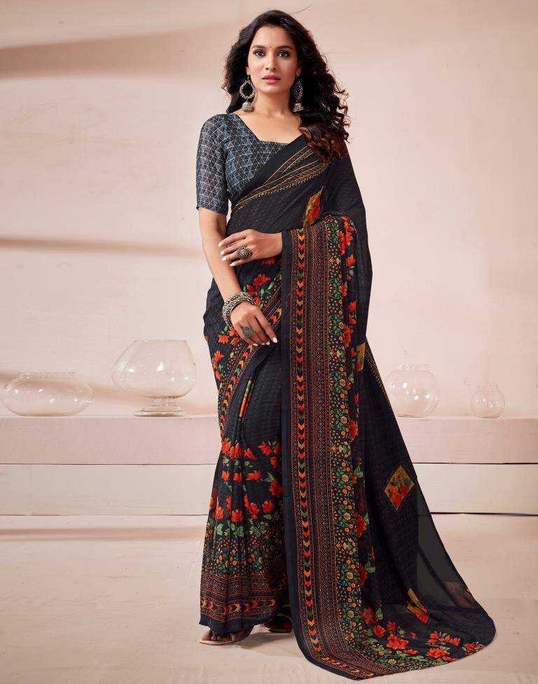 Black Georgette Printed Saree