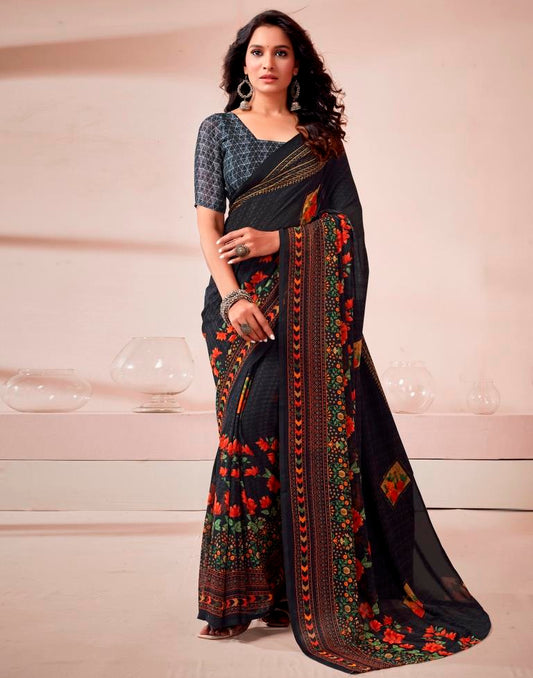 Black Georgette Printed Saree