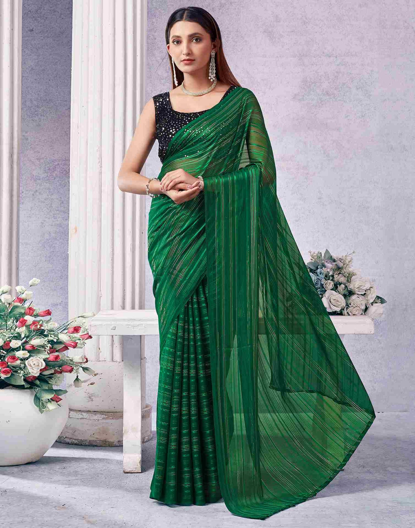 Green Georgette Plain Saree