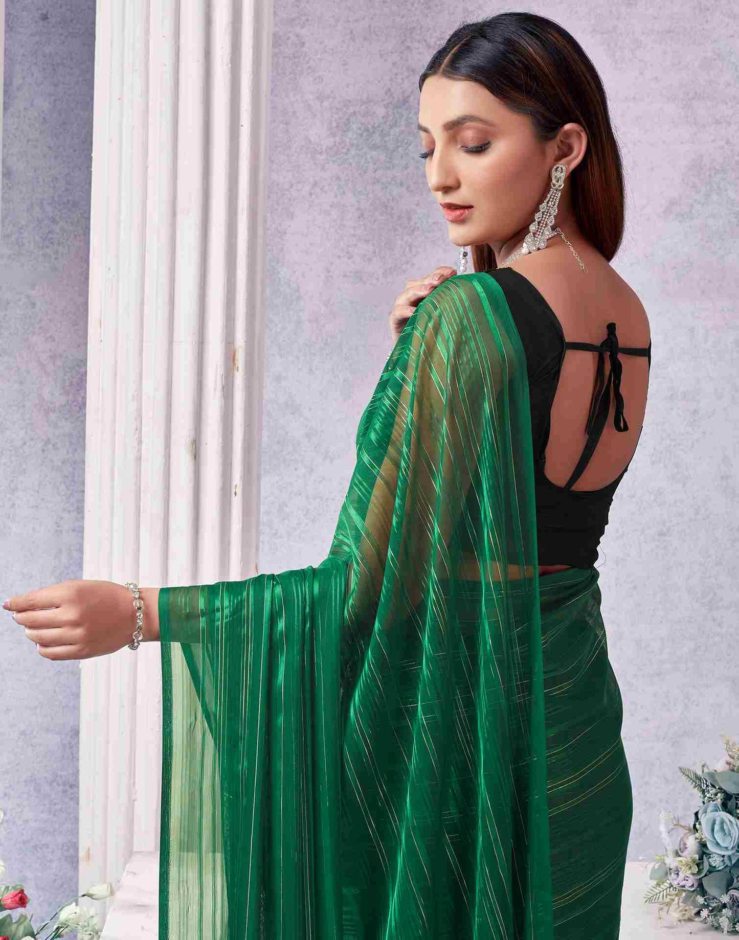 Green Georgette Plain Saree