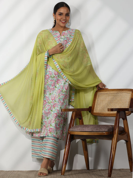 Off White Printed Cotton Straight Suit With Dupatta