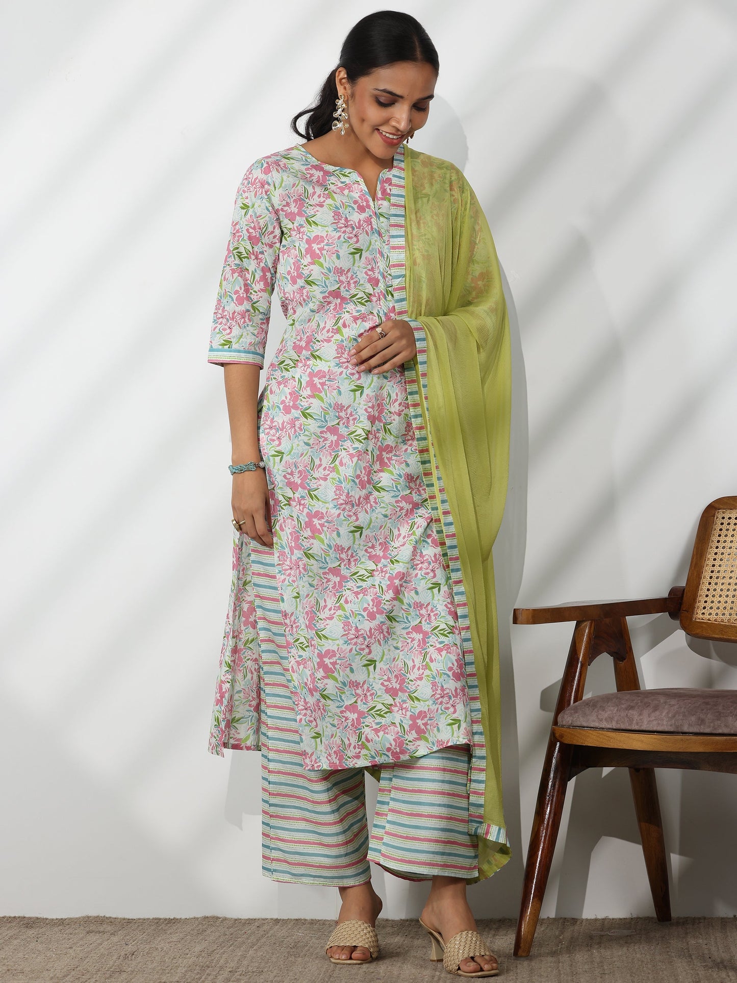 Off White Printed Cotton Straight Suit With Dupatta