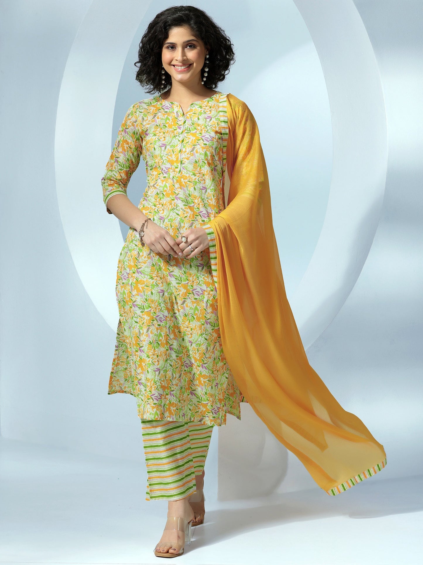 Off White Printed Cotton Straight Suit With Dupatta