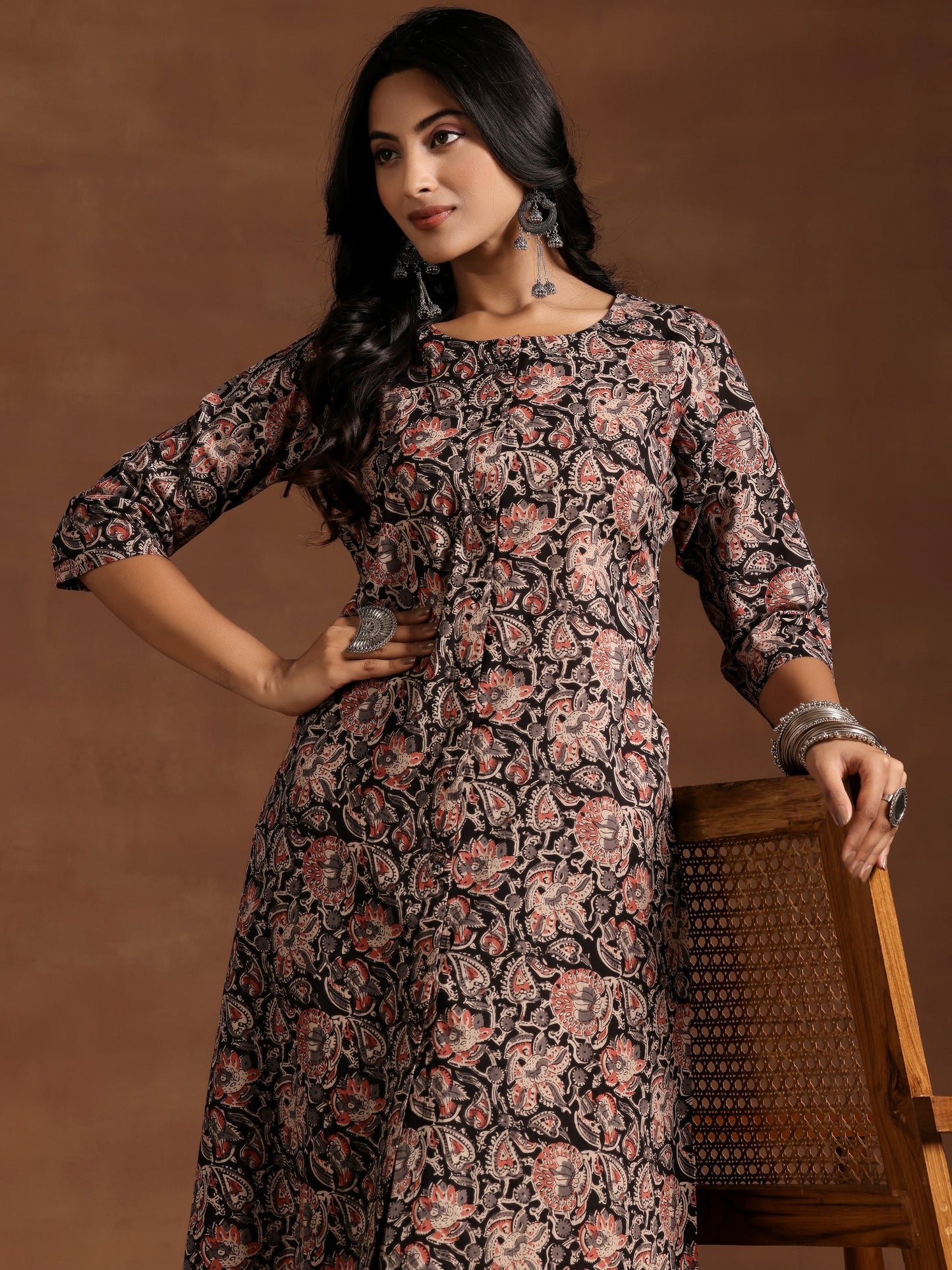 Black Printed Cotton A-line Kurta With Trousers