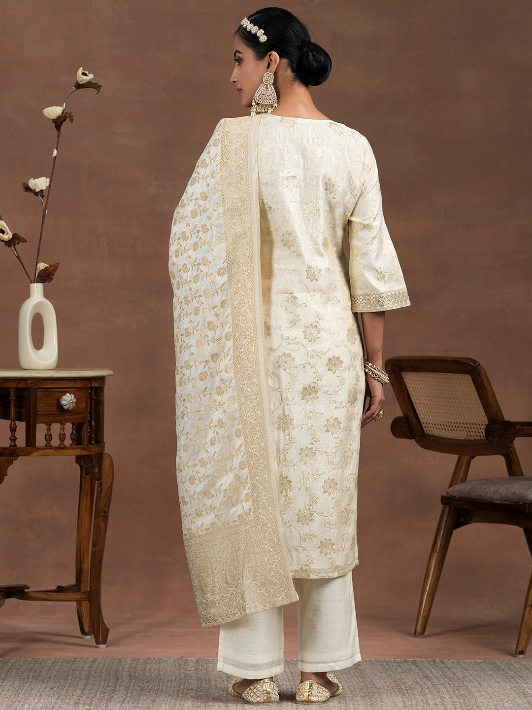 Off White Woven Design Chanderi Silk Straight Suit With Dupatta