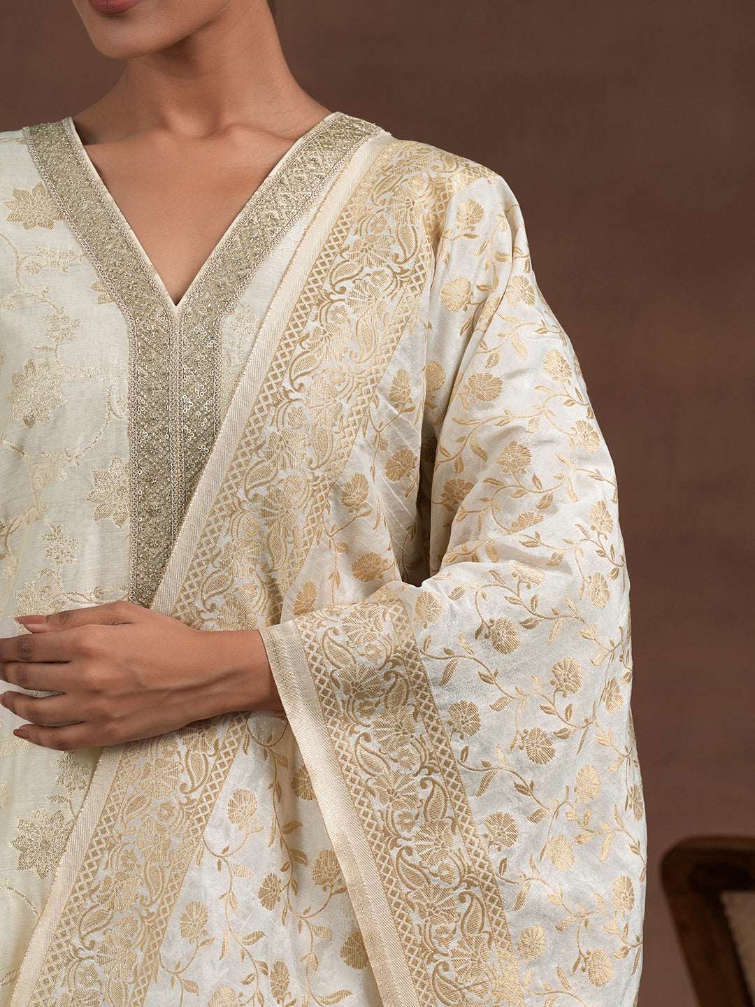 Off White Woven Design Chanderi Silk Straight Suit With Dupatta