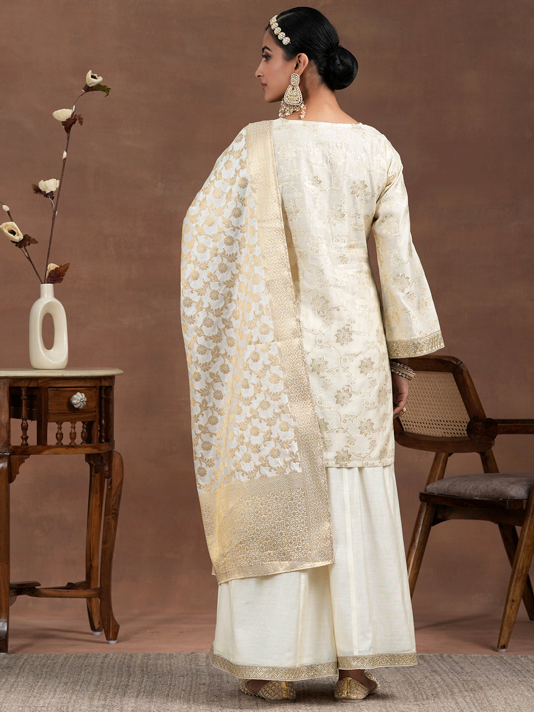 Off White Woven Design Chanderi Silk Straight Suit With Dupatta