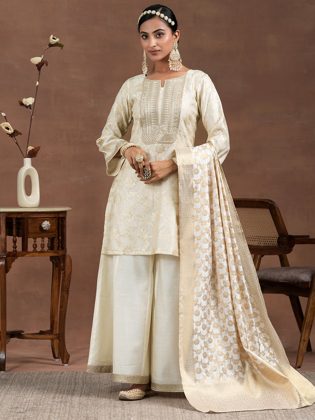 Off White Woven Design Chanderi Silk Straight Suit With Dupatta