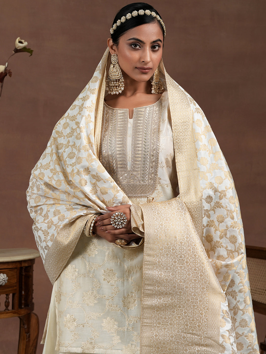 Off White Woven Design Chanderi Silk Straight Suit With Dupatta