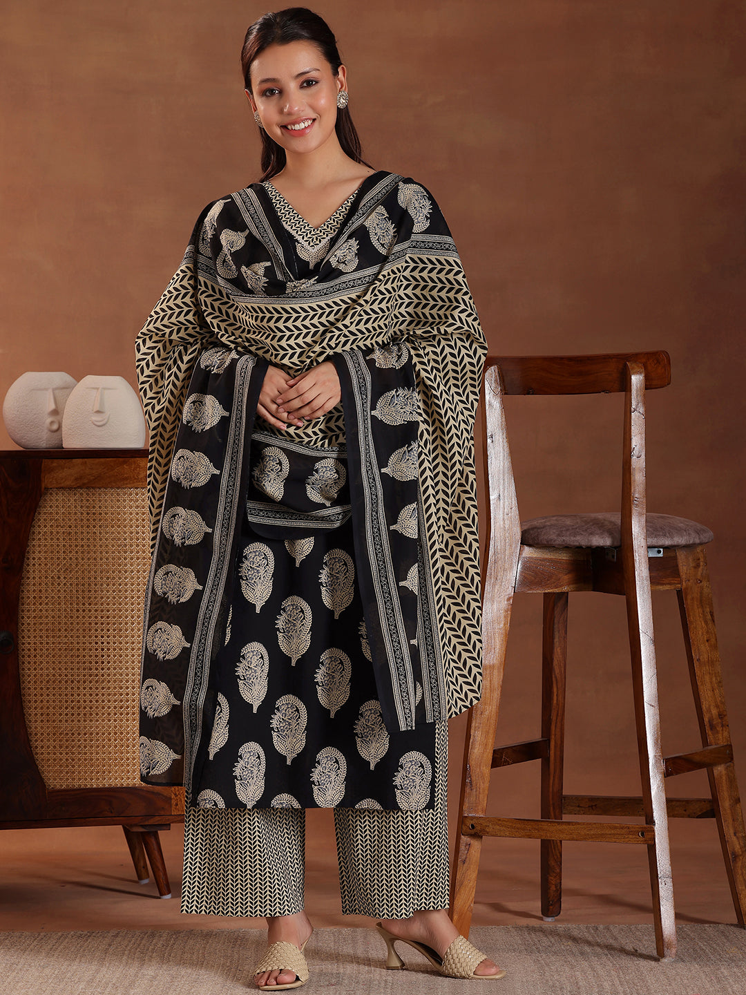 Black Printed Cotton Straight Suit With Dupatta