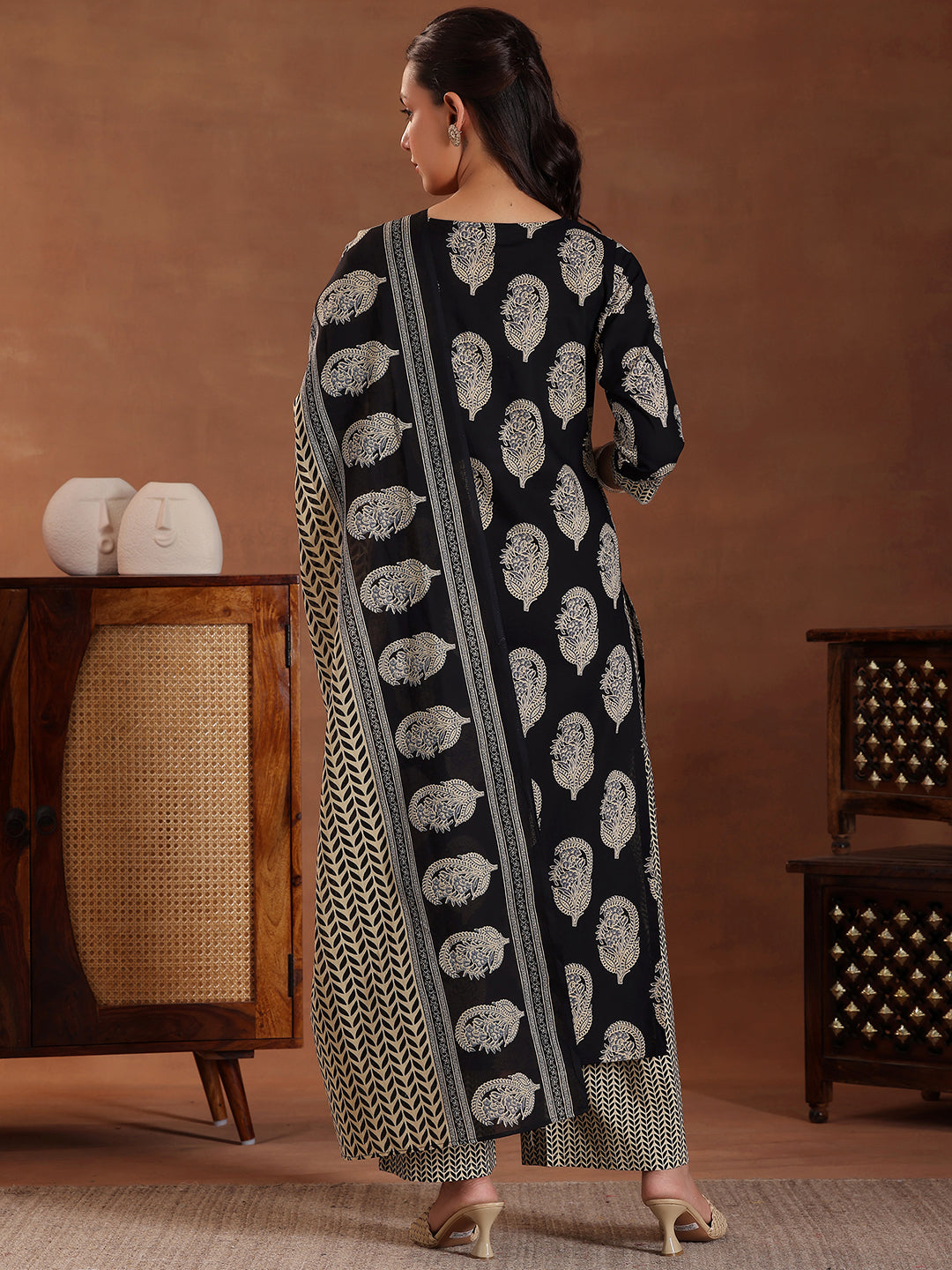 Black Printed Cotton Straight Suit With Dupatta