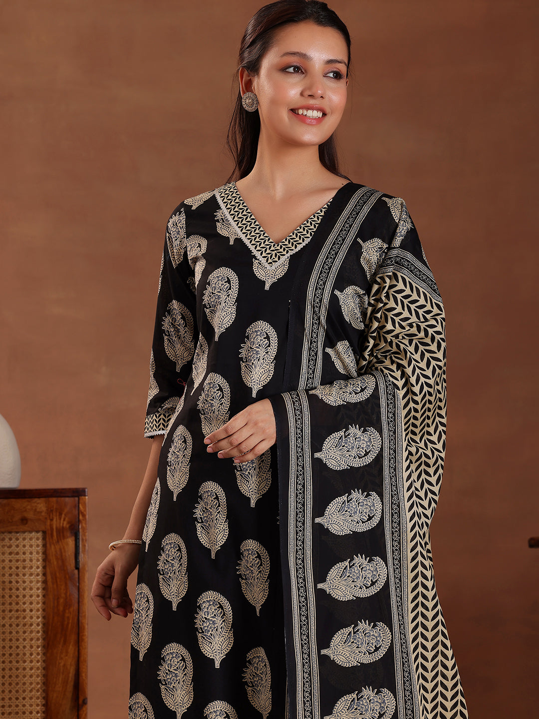 Black Printed Cotton Straight Suit With Dupatta