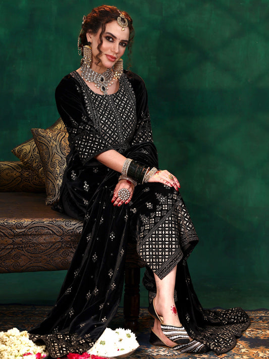 Black Embroidered Velvet Straight Suit With Dupatta