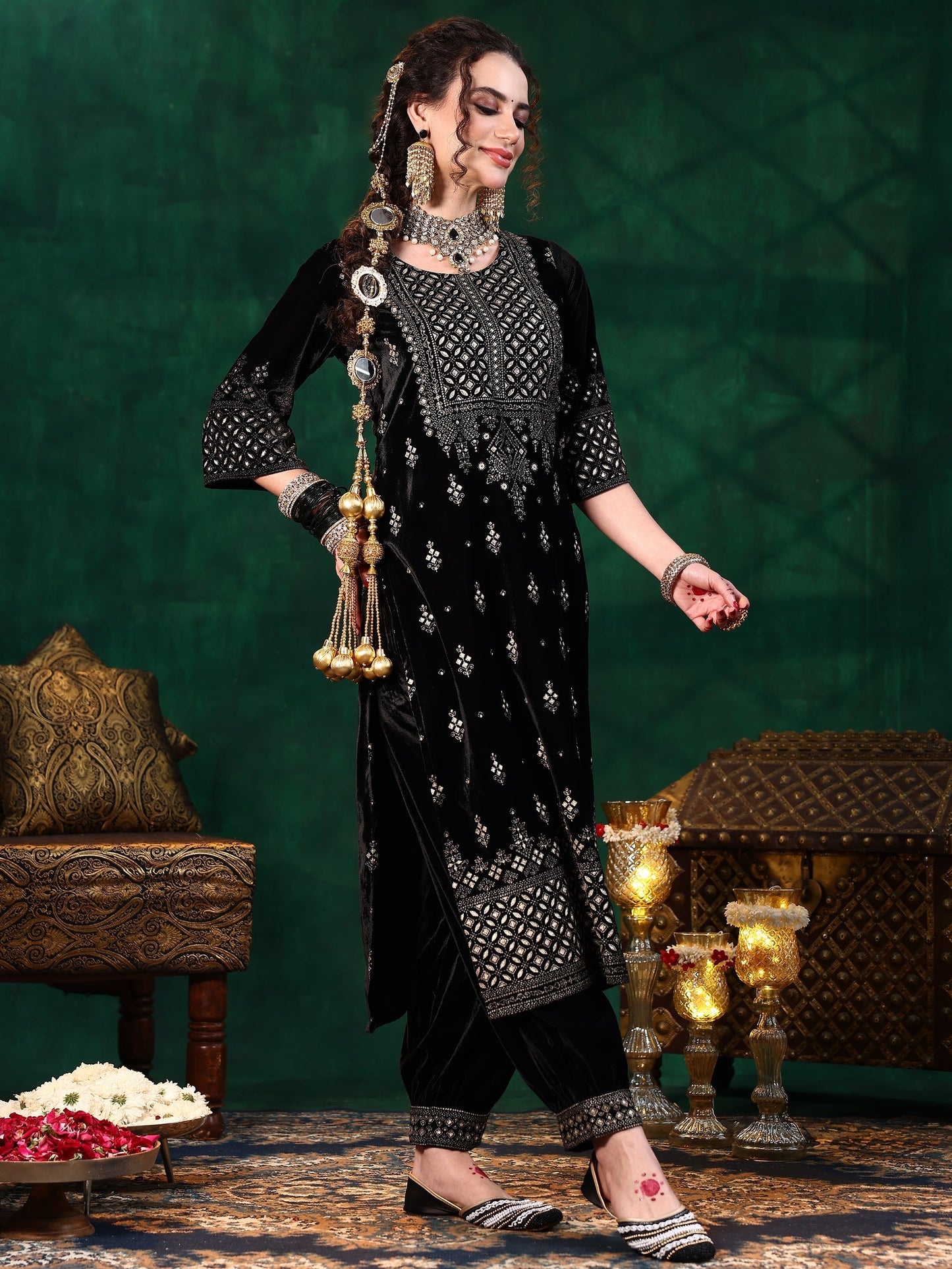 Black Embroidered Velvet Straight Suit With Dupatta