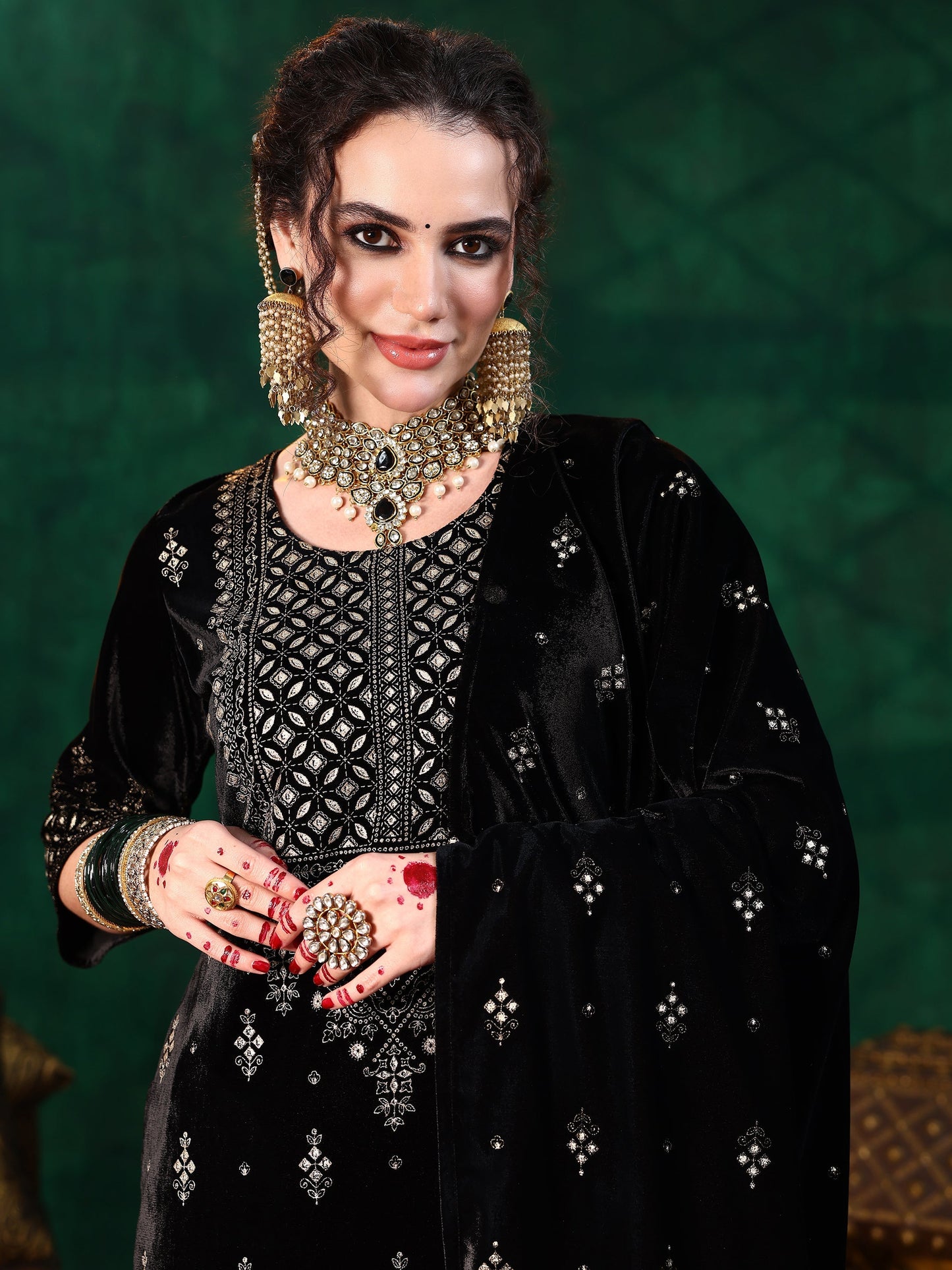 Black Embroidered Velvet Straight Suit With Dupatta