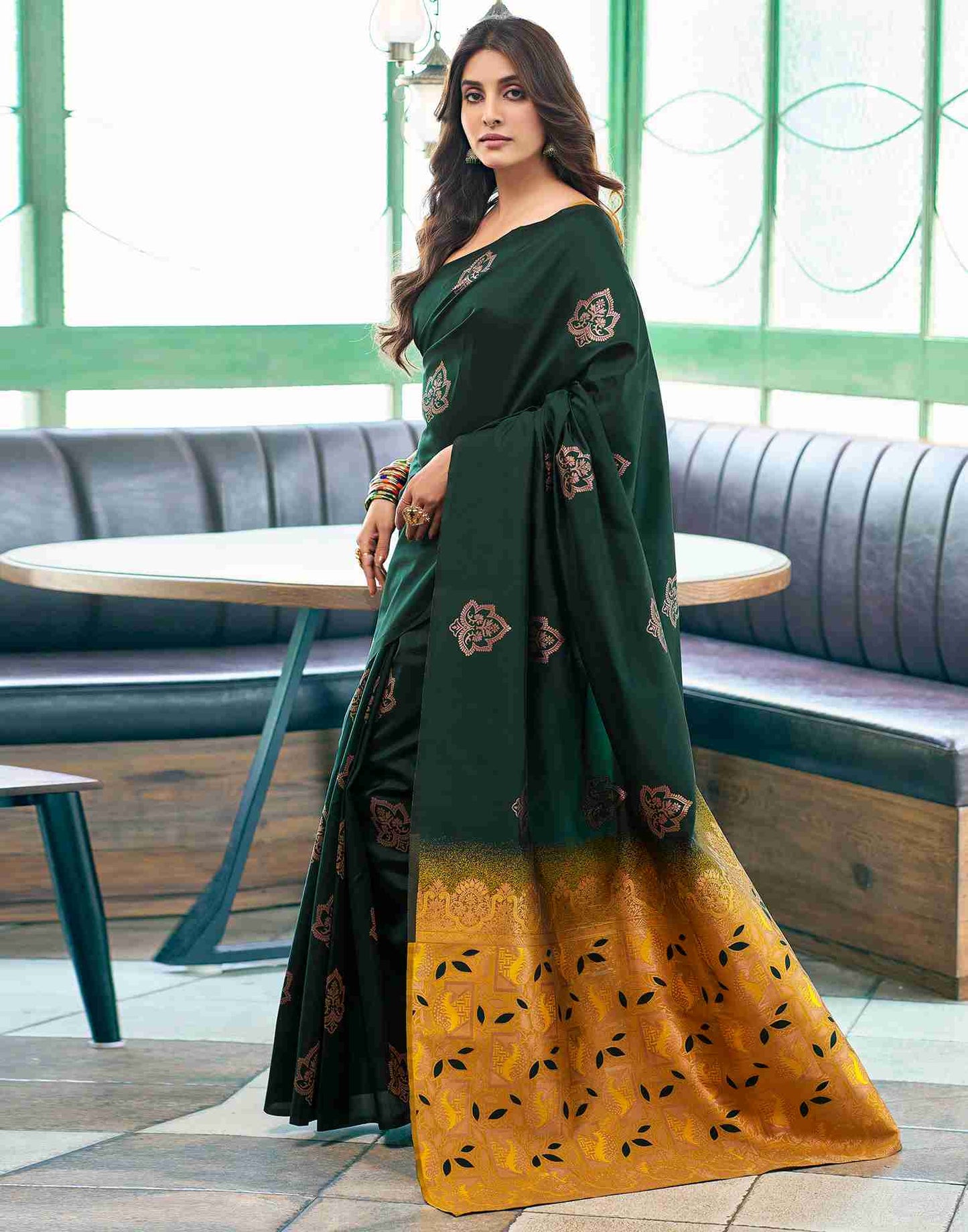 Green And Yellow Silk Weaving Saree