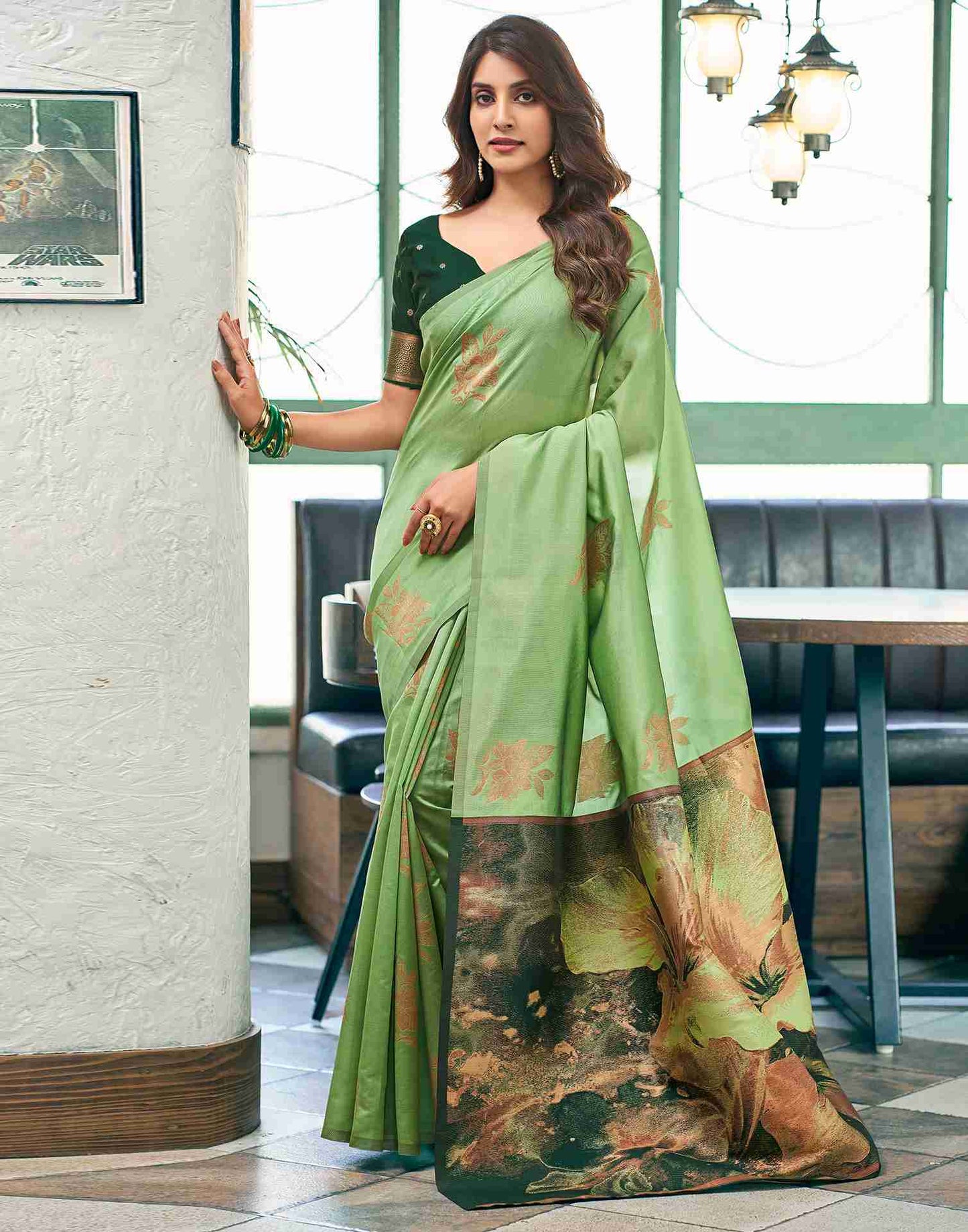 Green Floral Silk Woven Saree