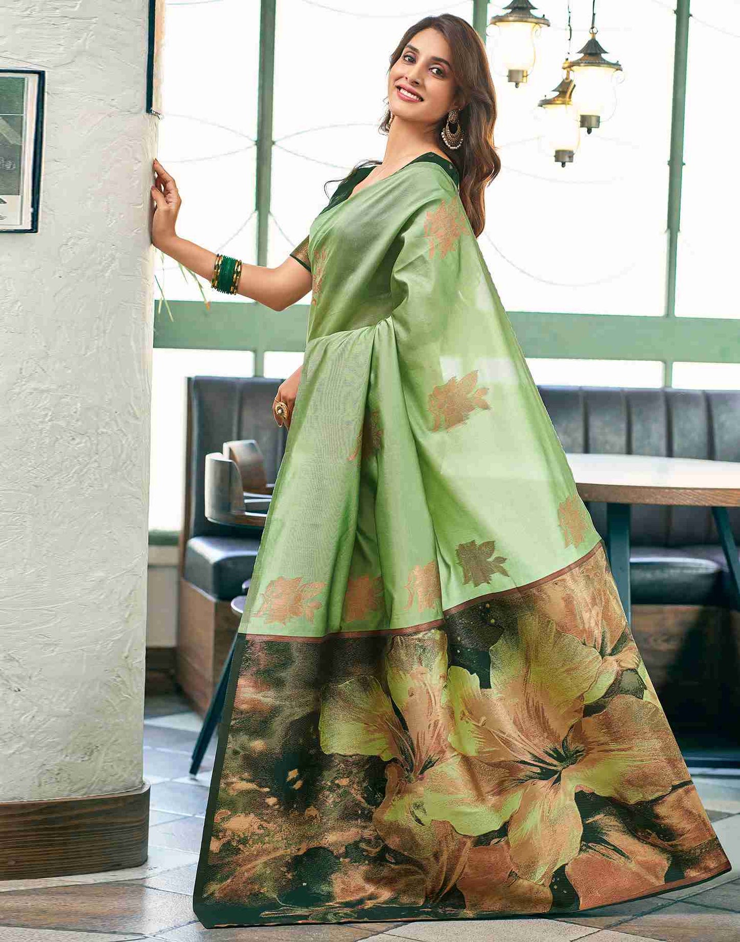 Green Floral Silk Woven Saree