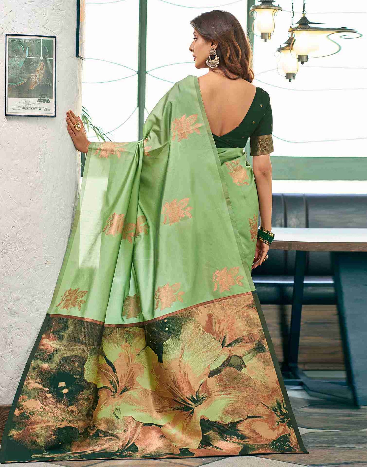 Green Floral Silk Woven Saree