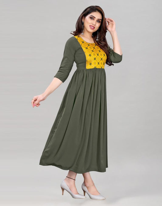 Olive Green Coloured Crepe Plain Kurti