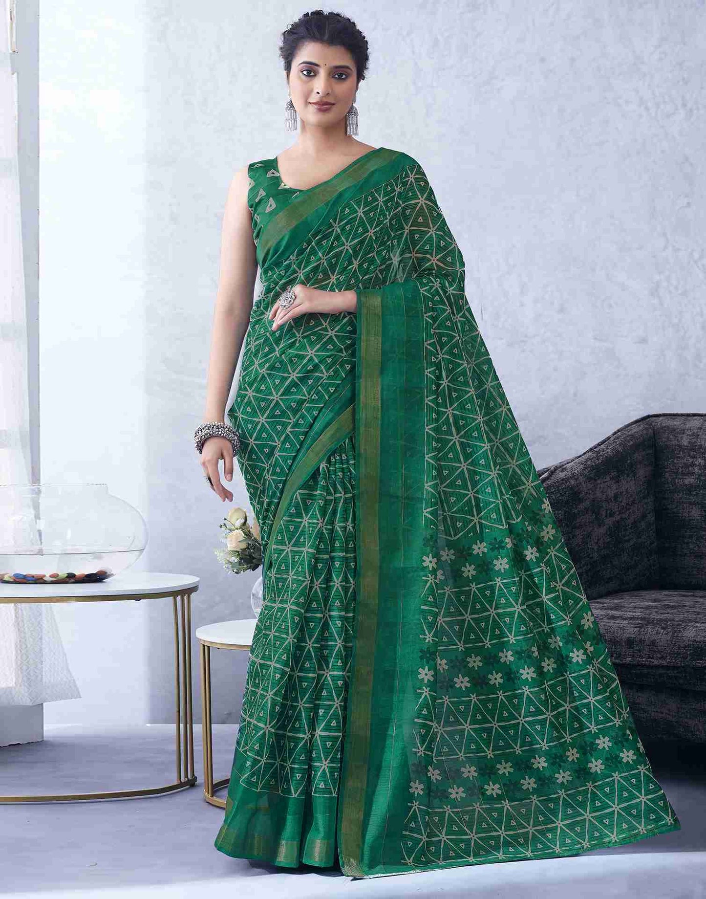 Green Cotton Printed Saree