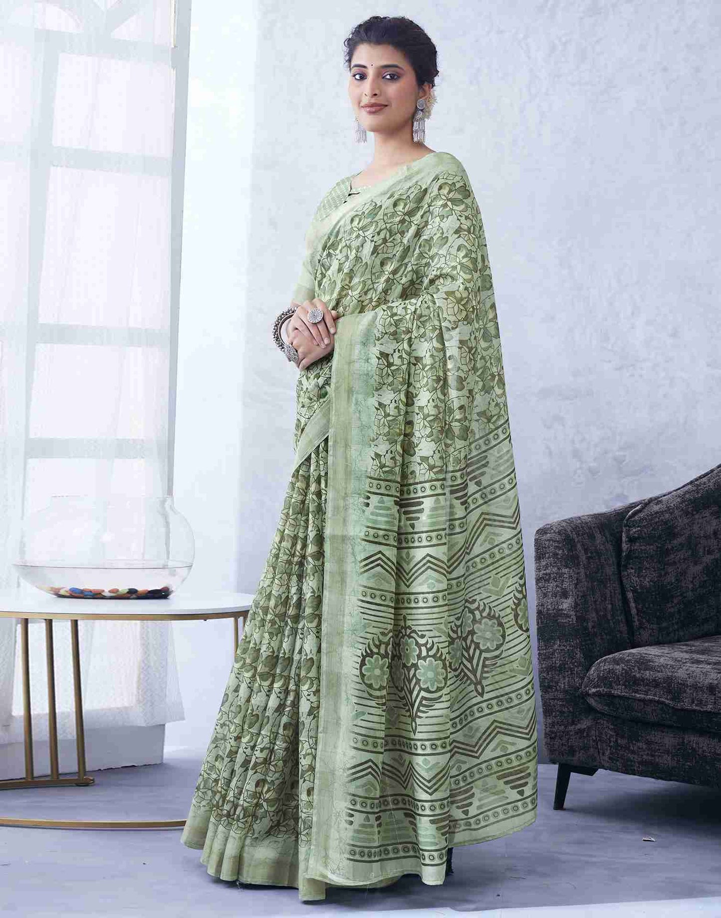 Green Cotton Printed Saree