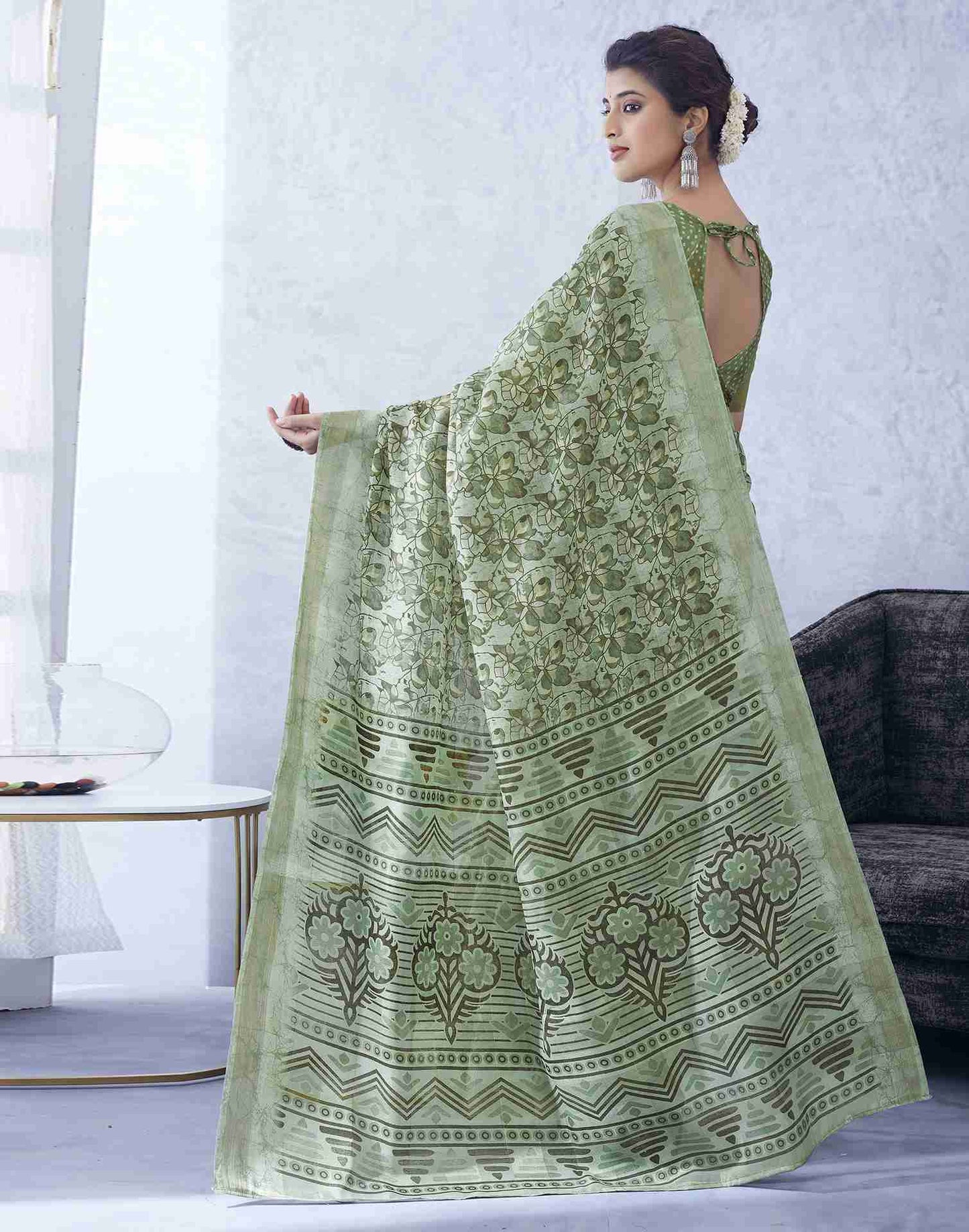 Green Cotton Printed Saree