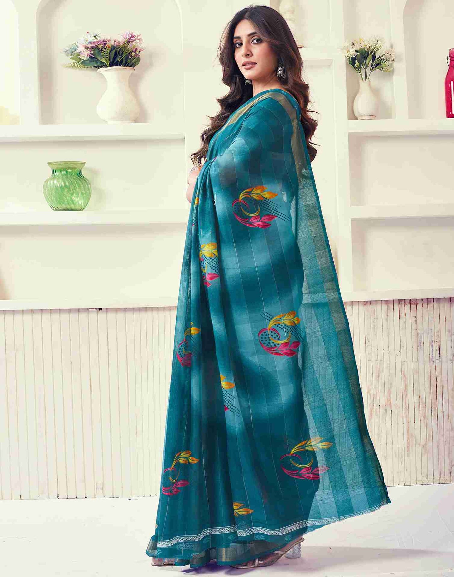 Green Cotton Printed Saree