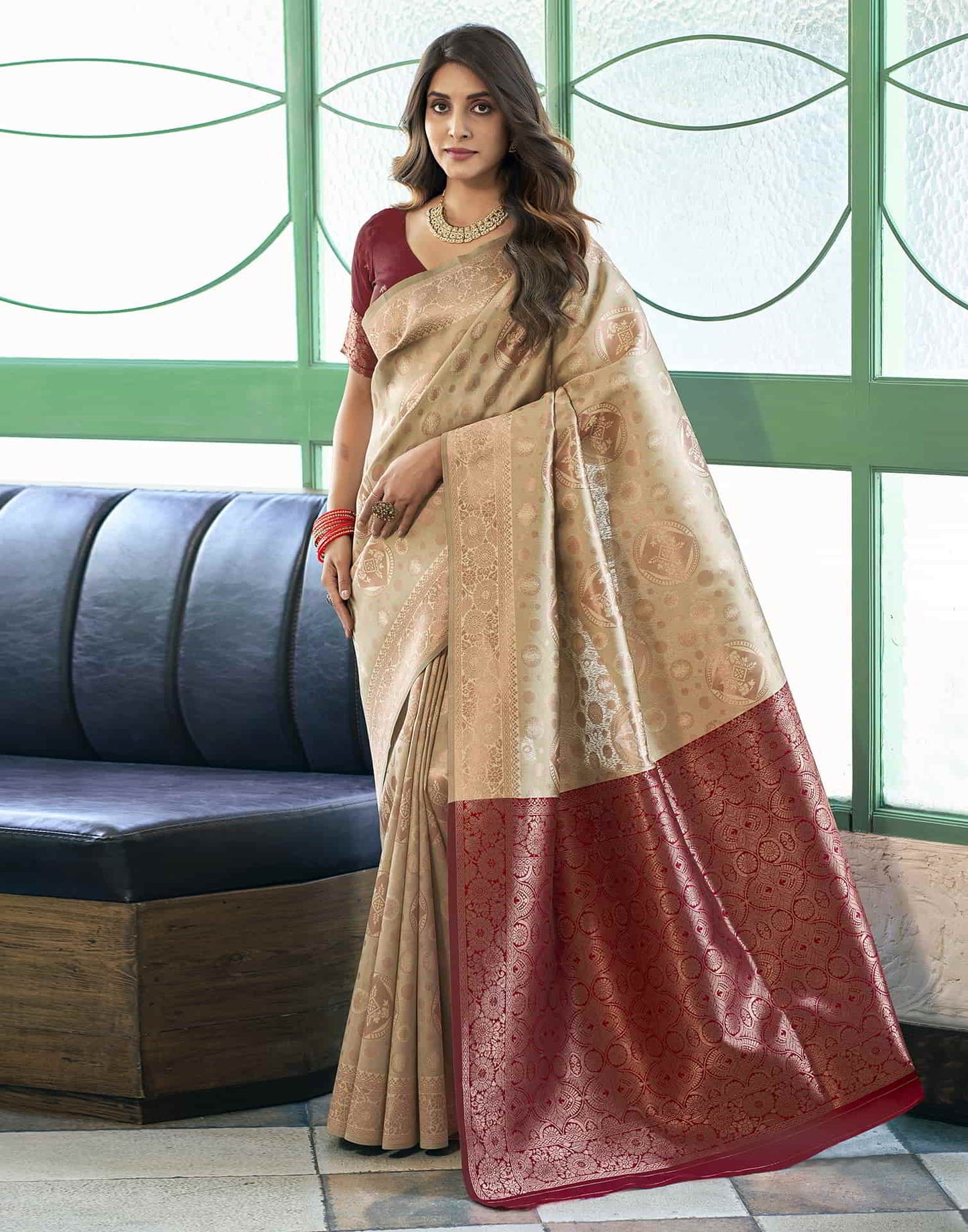 Beige Banarasi Silk Woven Saree