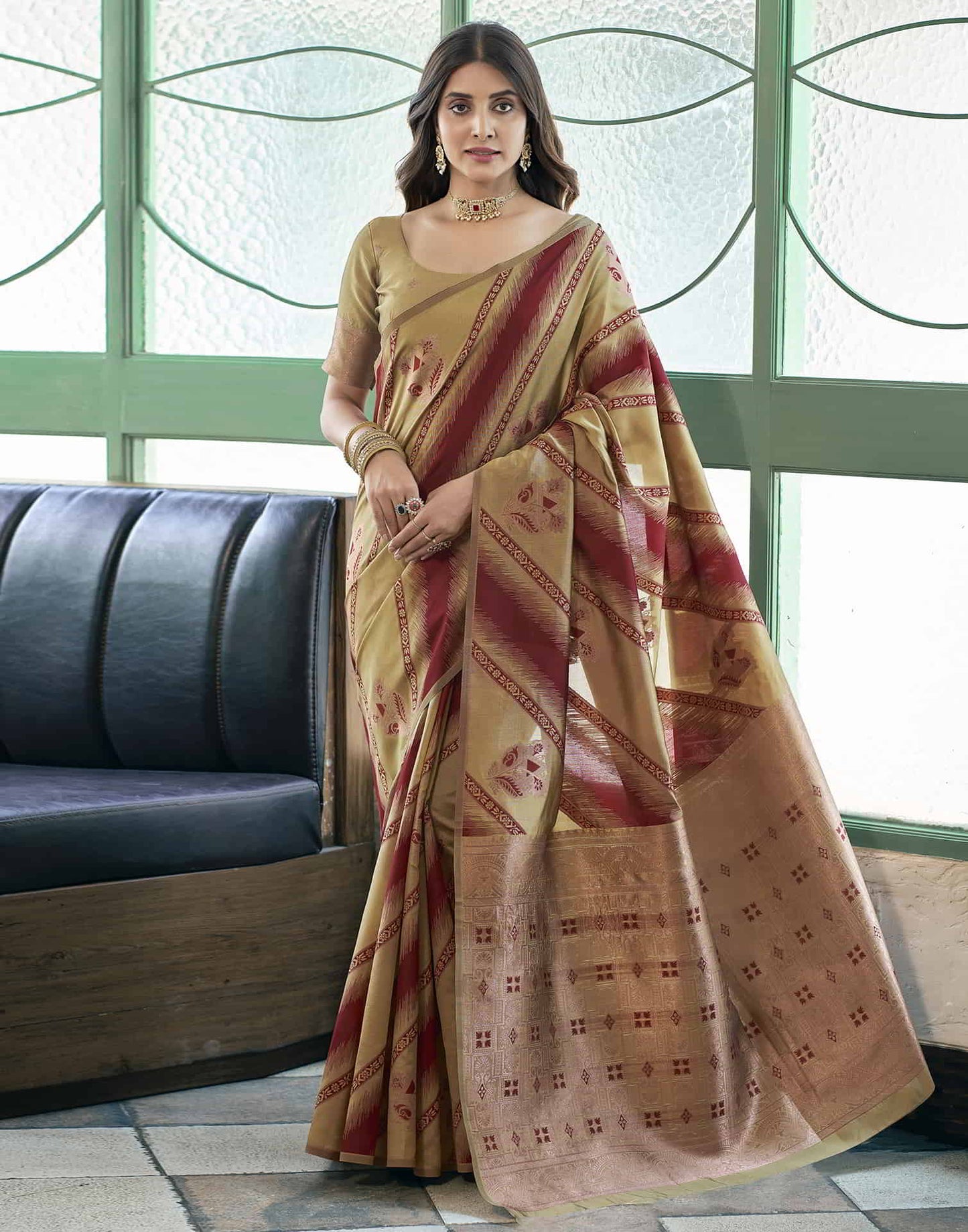 Beige Banarasi Silk Woven Saree