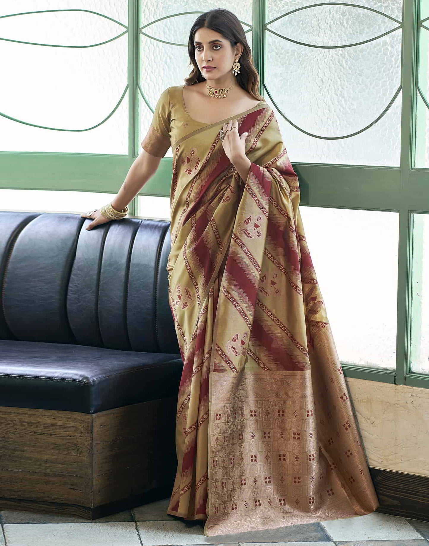 Beige Banarasi Silk Woven Saree