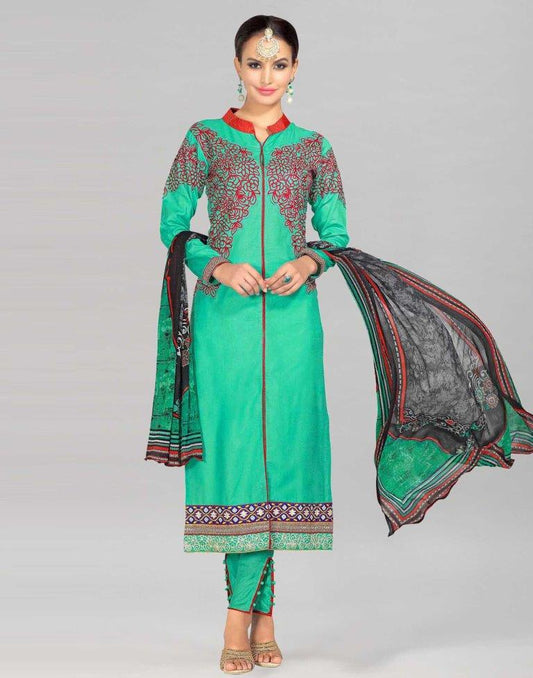 Green Glace Cotton Embroidered Unstitched Salwar Suit