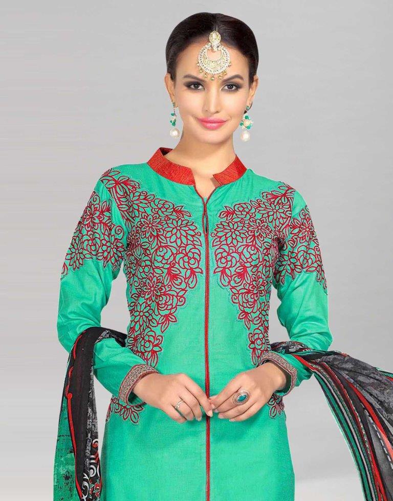 Green Glace Cotton Embroidered Unstitched Salwar Suit